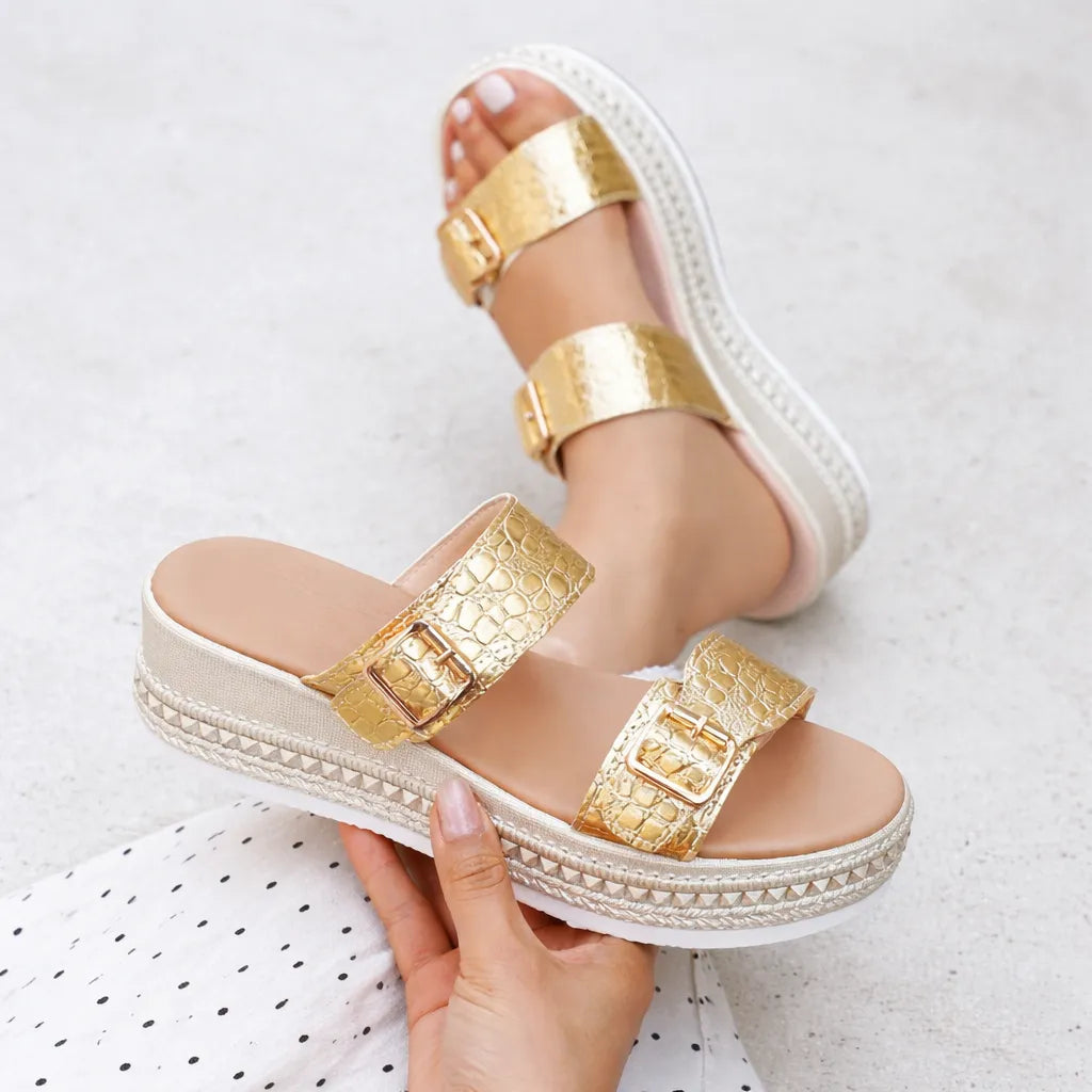 Mule compensée dorée Auroria | Effet croco double bride