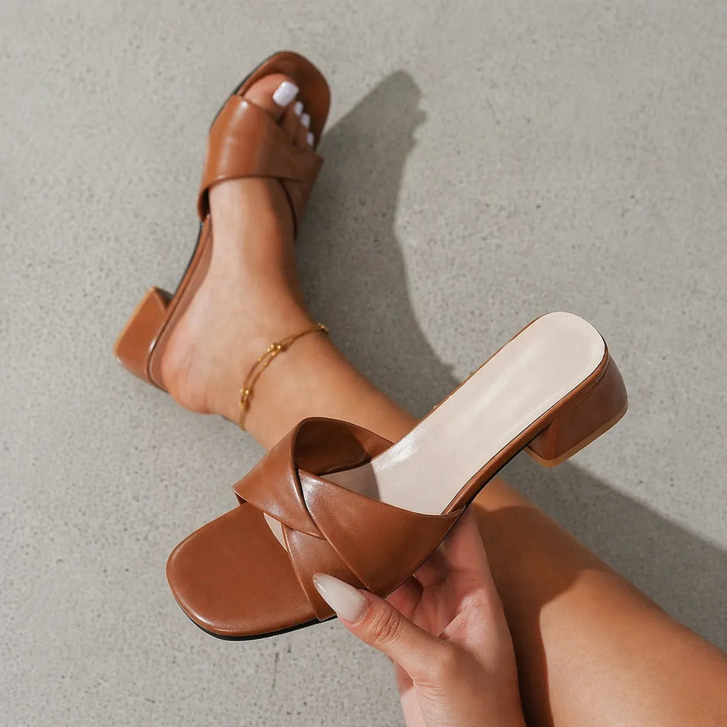 Mule talon carré femme Verona | Cuir drapé torsadé