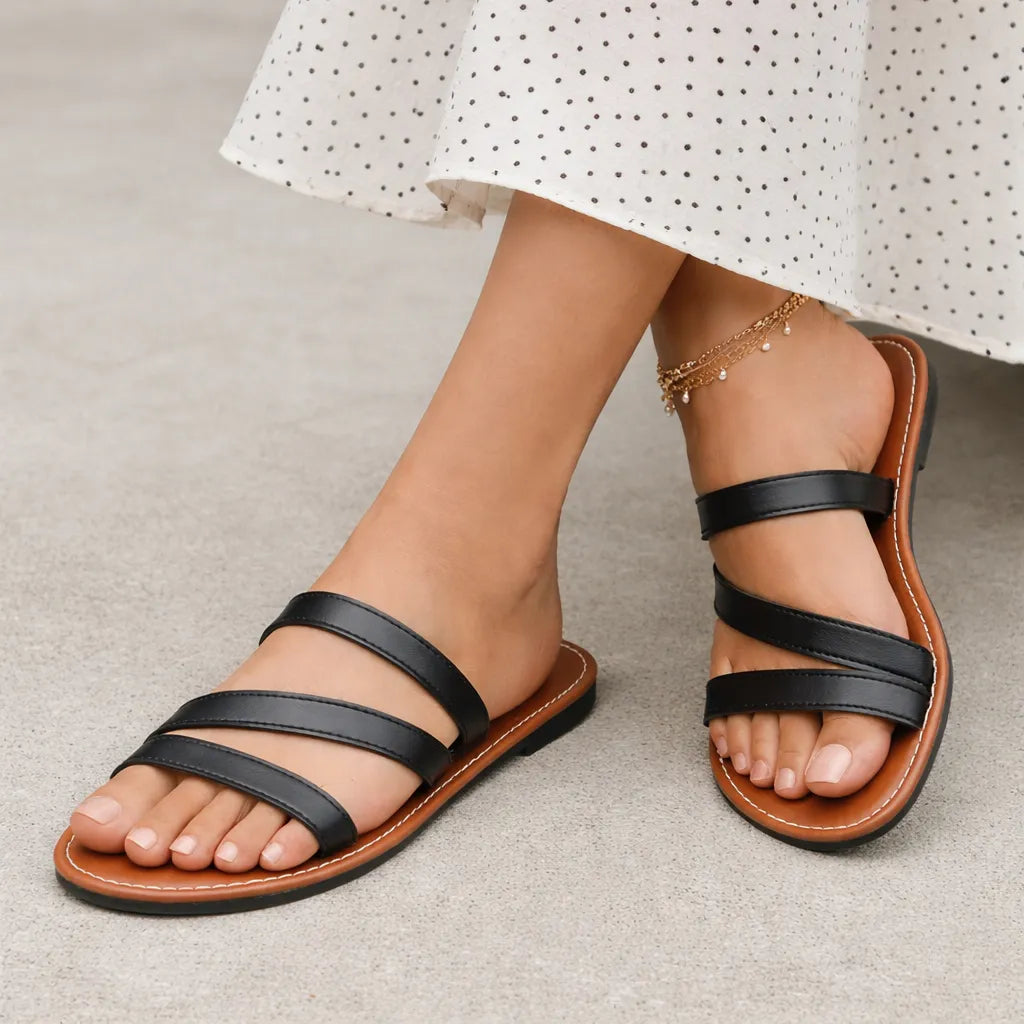 Mule plate cuir femme Linaria | Triple bride épurée
