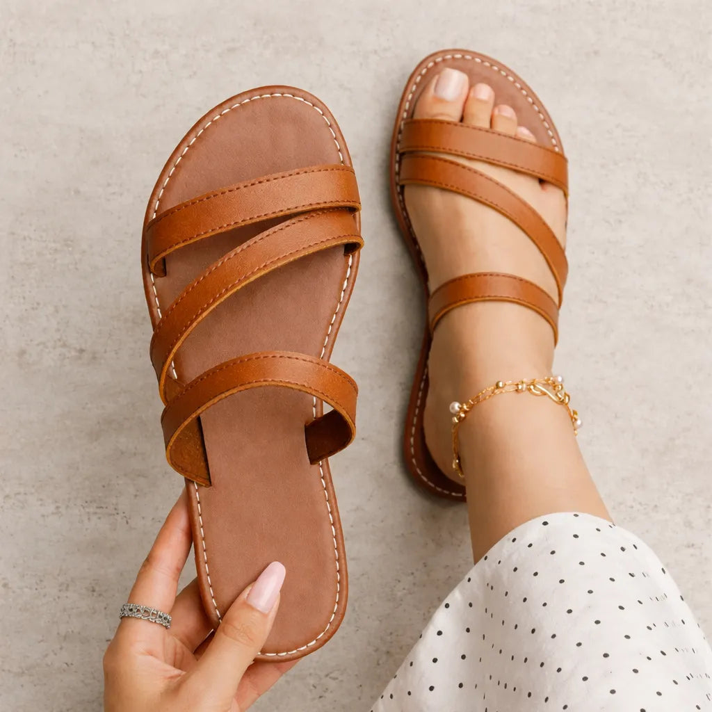 Mule plate cuir femme Linaria | Triple bride épurée