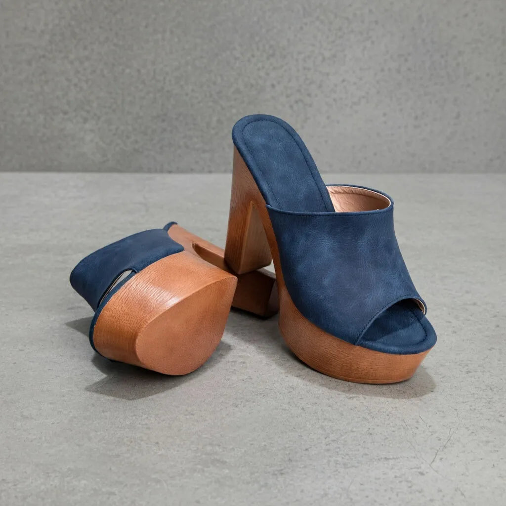 Mule talon haut carré Octavia | Plateforme bois rétro