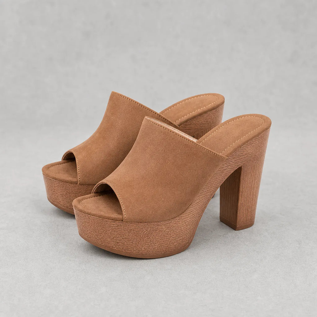 Mule talon haut carré Octavia | Plateforme bois rétro