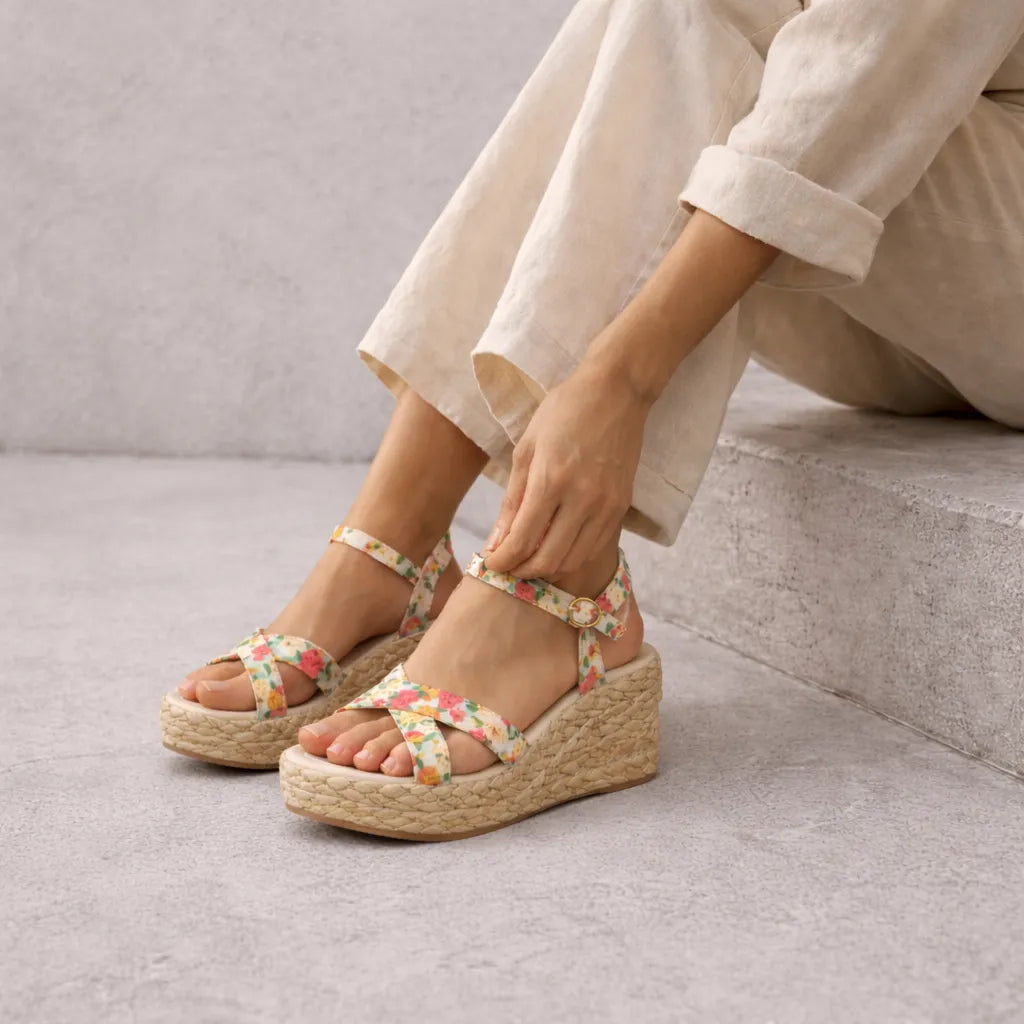 Sandale compensée fleurie Thaïa | Brides croisées jute