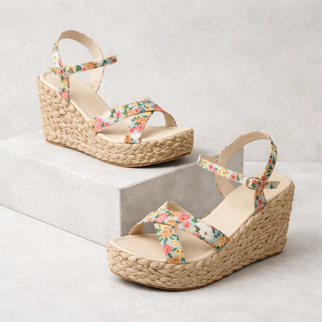 Sandale compensée fleurie Thaïa | Brides croisées jute