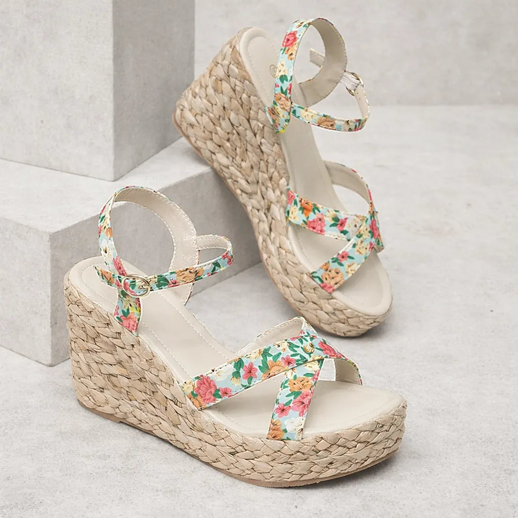 Sandale compensée fleurie Thaïa | Brides croisées jute
