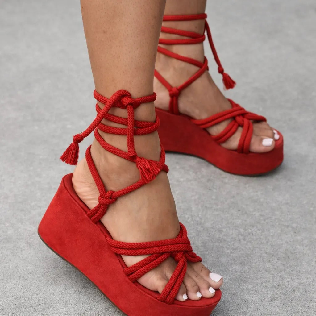 Sandale lacets femme Romana | Compensée romaine à pompons