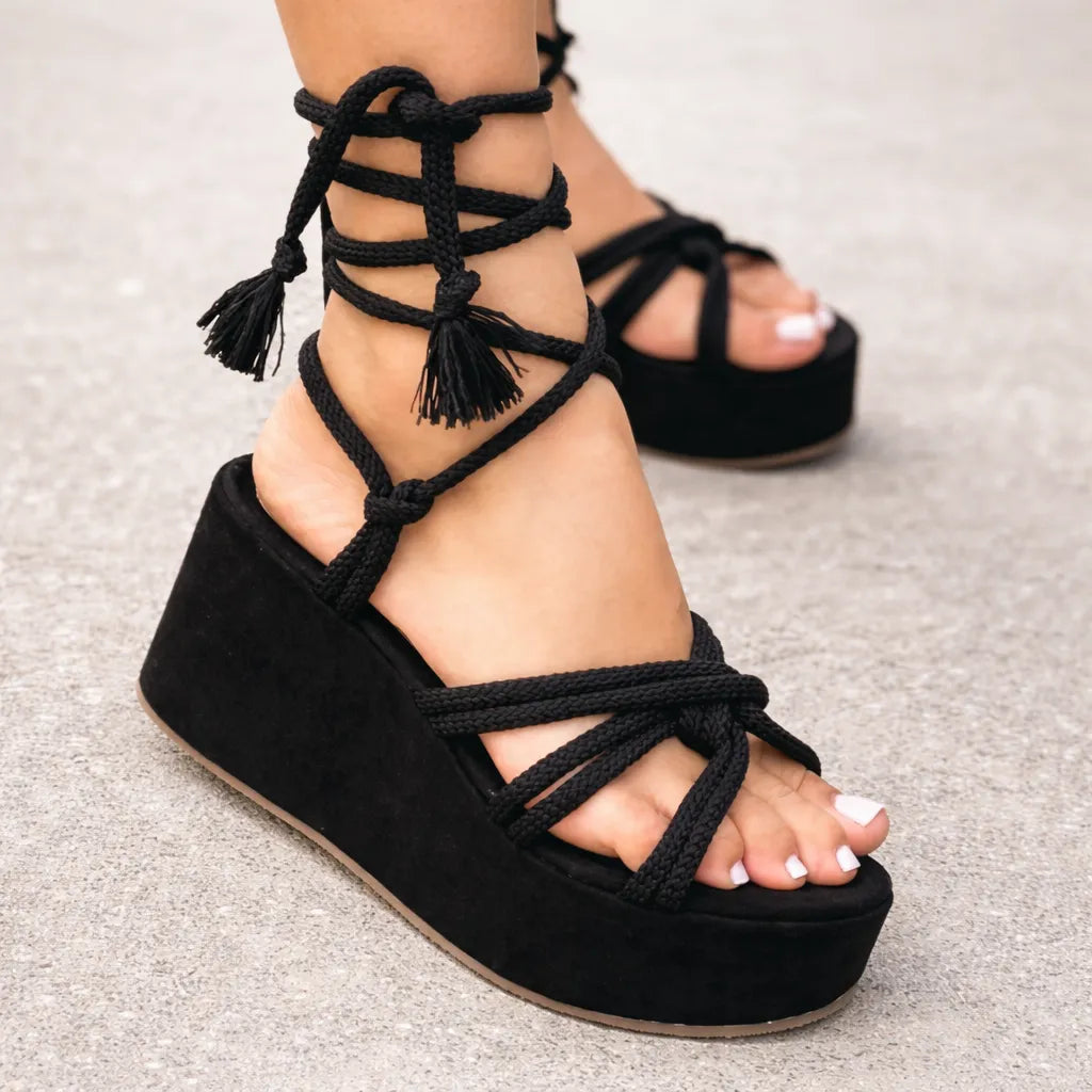 Sandale lacets femme Romana | Compensée romaine à pompons