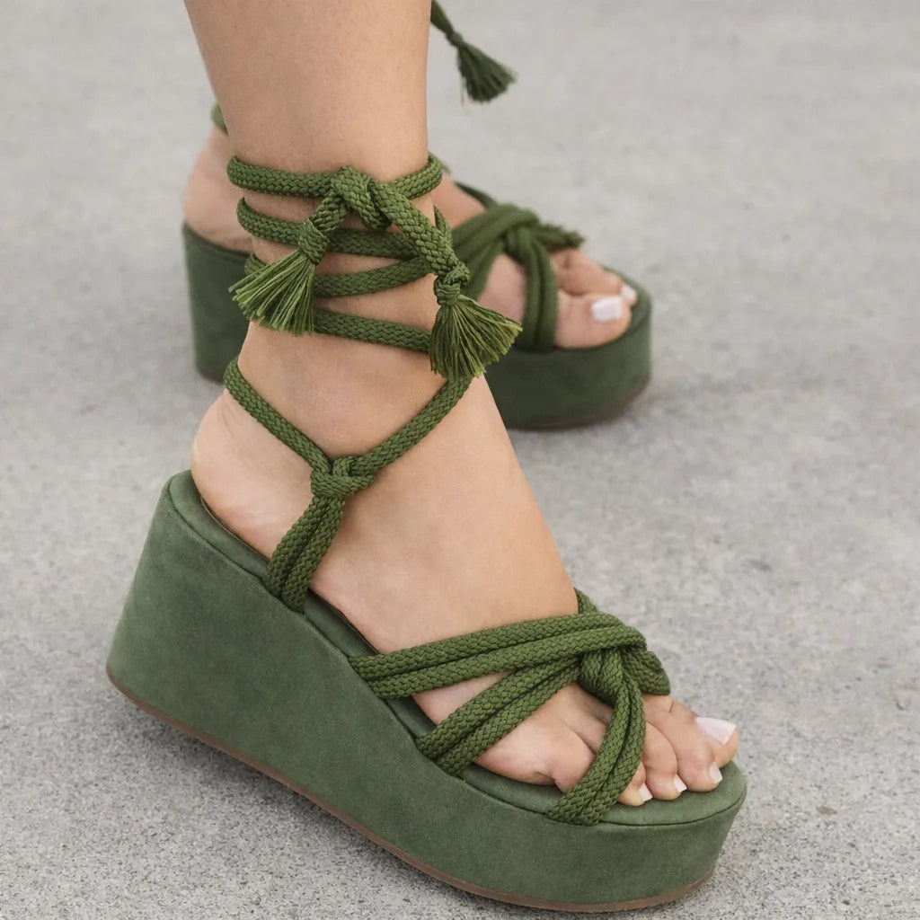 Sandale lacets femme Romana | Compensée romaine à pompons