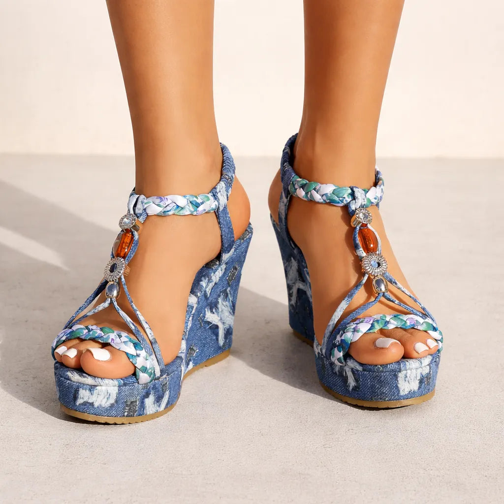 Sandale compensée denim Bluemora | Bijou T-strap