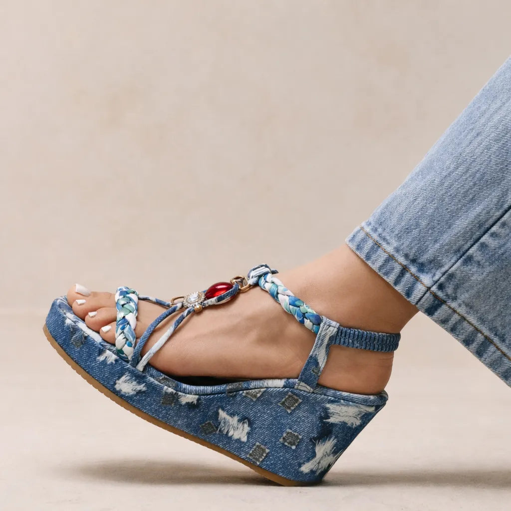 Sandale compensée denim Bluemora | Bijou T-strap