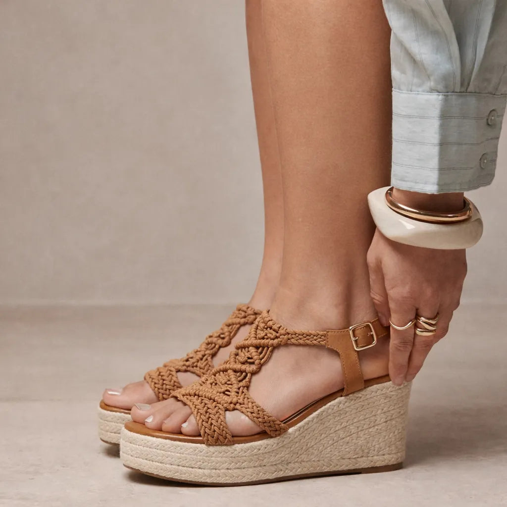 Sandale tressée femme Mikonos | Macramé compensée jute