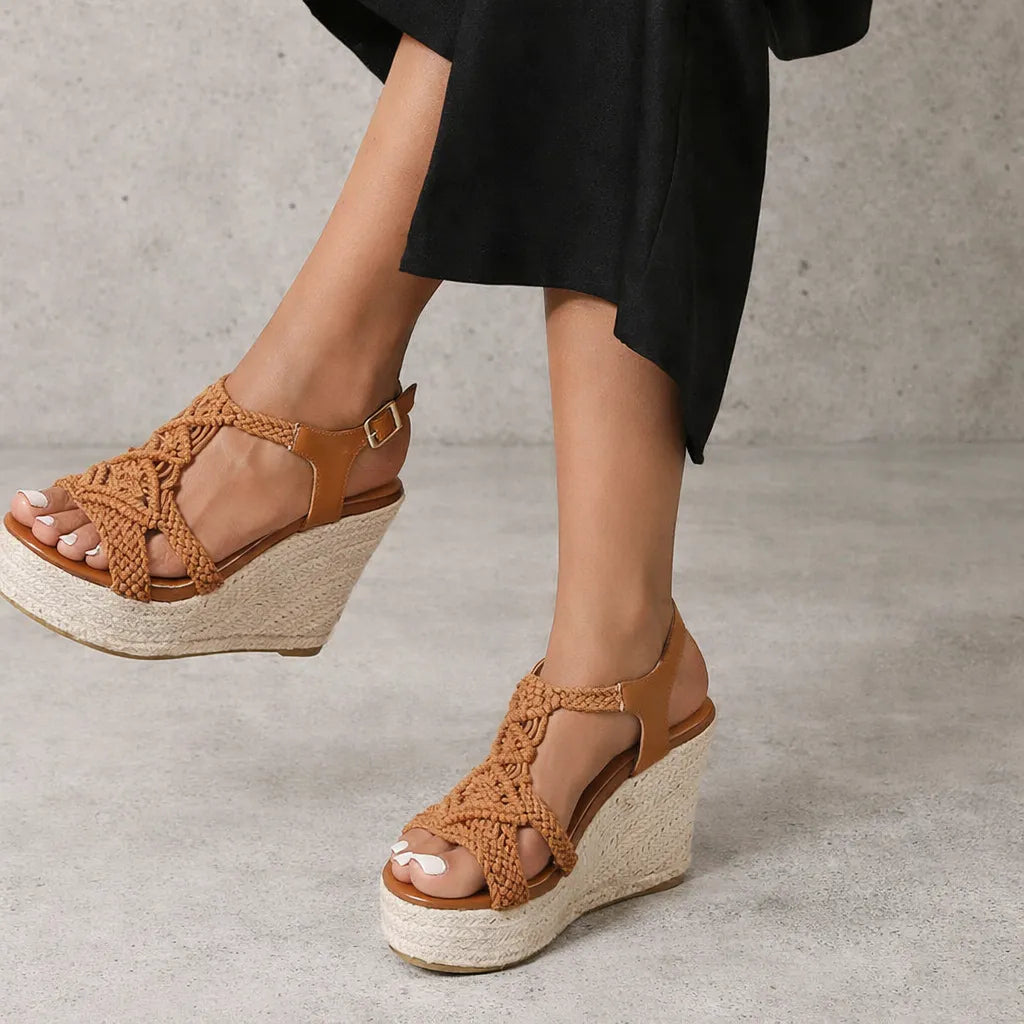 Sandale tressée femme Mikonos | Macramé compensée jute