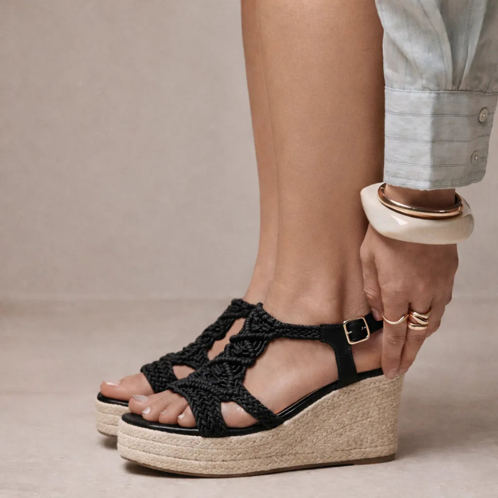 Sandale tressée femme Mikonos | Macramé compensée jute