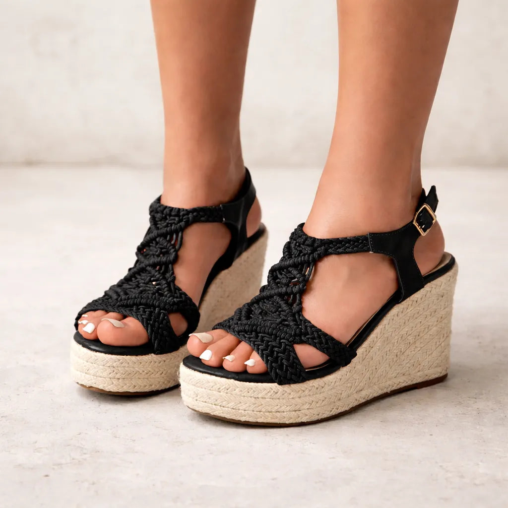 Sandale tressée femme Mikonos | Macramé compensée jute
