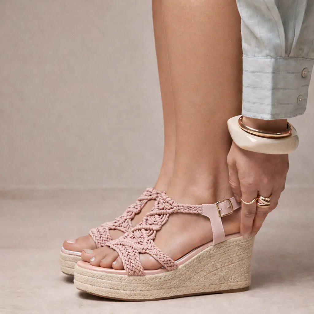 Sandale tressée femme Mikonos | Macramé compensée jute