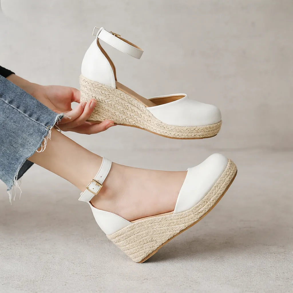 Sandale compensée bout fermé Riviera | Cuir lisse jute