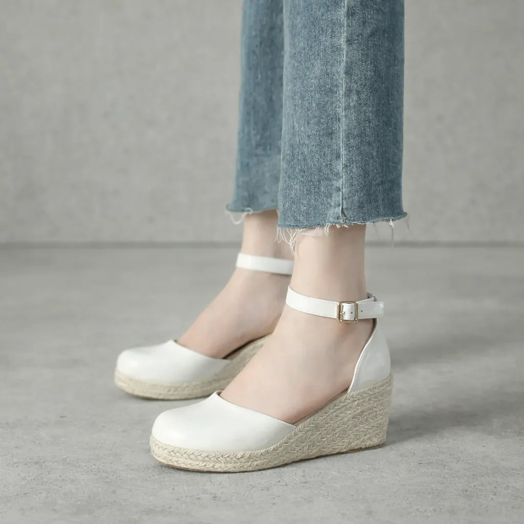 Sandale compensée bout fermé Riviera | Cuir lisse jute