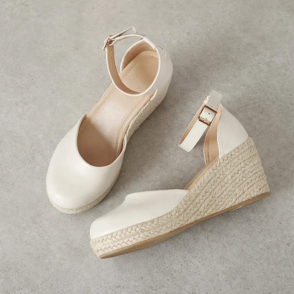 Sandale compensée bout fermé Riviera | Cuir lisse jute
