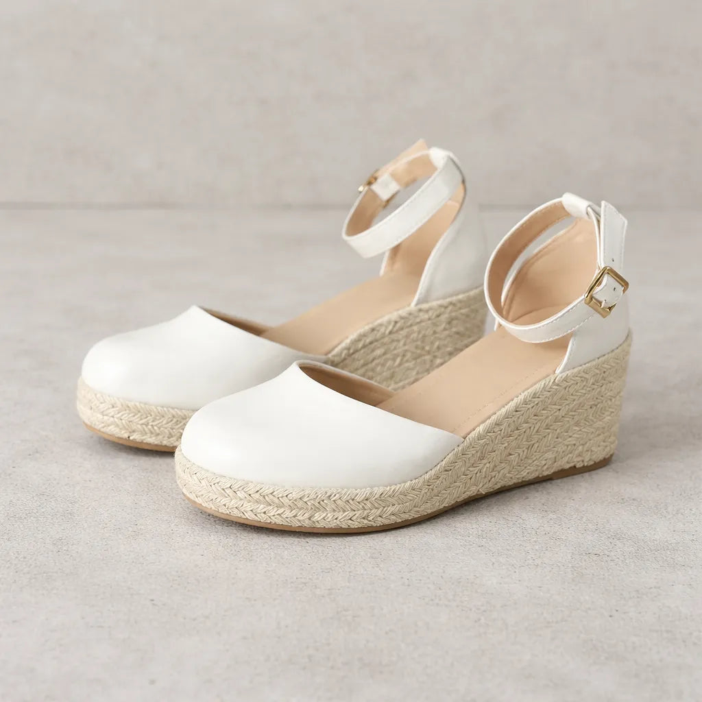 Sandale compensée bout fermé Riviera | Cuir lisse jute
