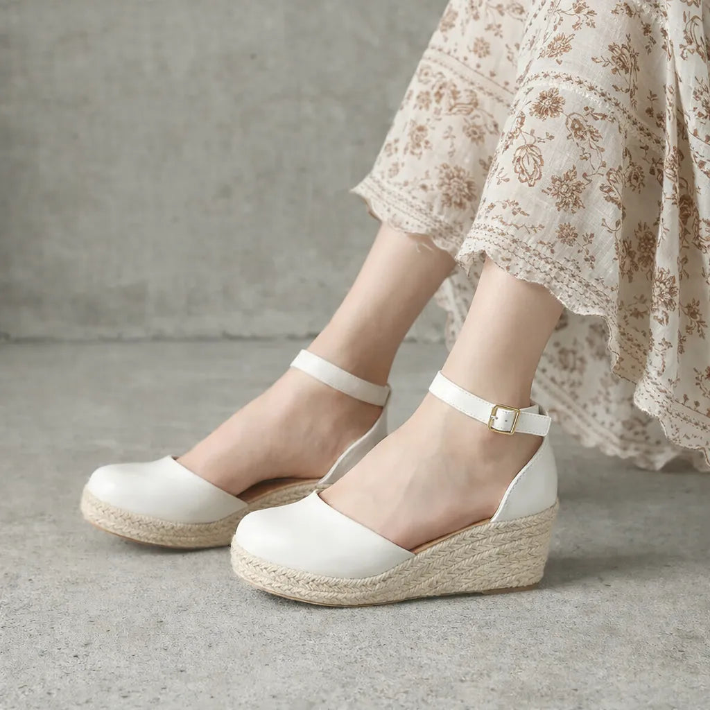 Sandale compensée bout fermé Riviera | Cuir lisse jute